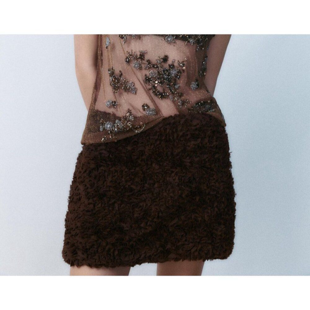 Zara Womens Mini Skirt XS Brown Floral Embellished Ruffle textured 4764/503 NWT